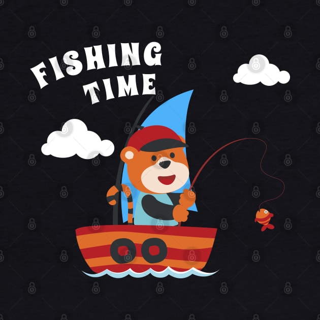 Vector cartoon illustration of cute tiger fishing on sailboat with cartoon style. by KIDS APPAREL